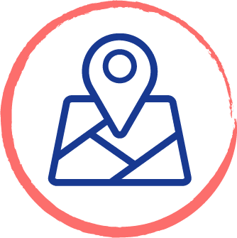 drawing of a map and pin inside of a red circle