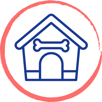 drawing of a dog house inside of a red circle