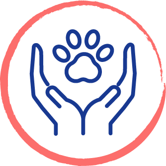 drawing of a paw being held by hands inside of a red circle