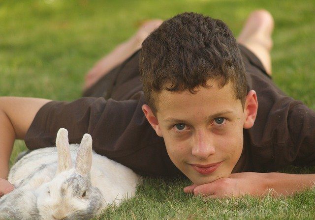 boy laying in the grass with his rabbit