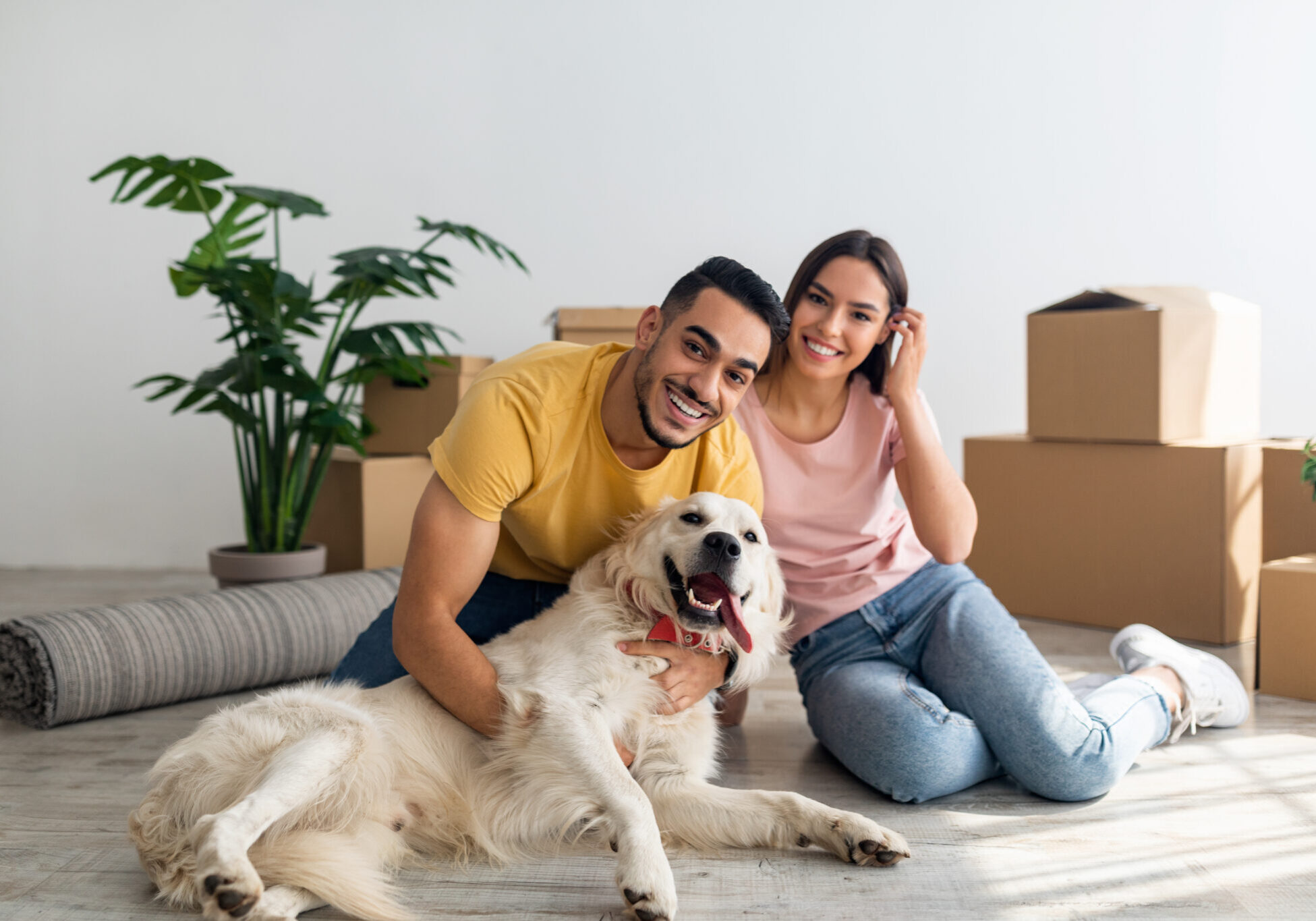 dog being hugged by man and woman in a house with moving boxes