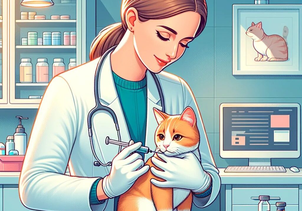 cartoon drawing of a veterinarian giving a cat a shot