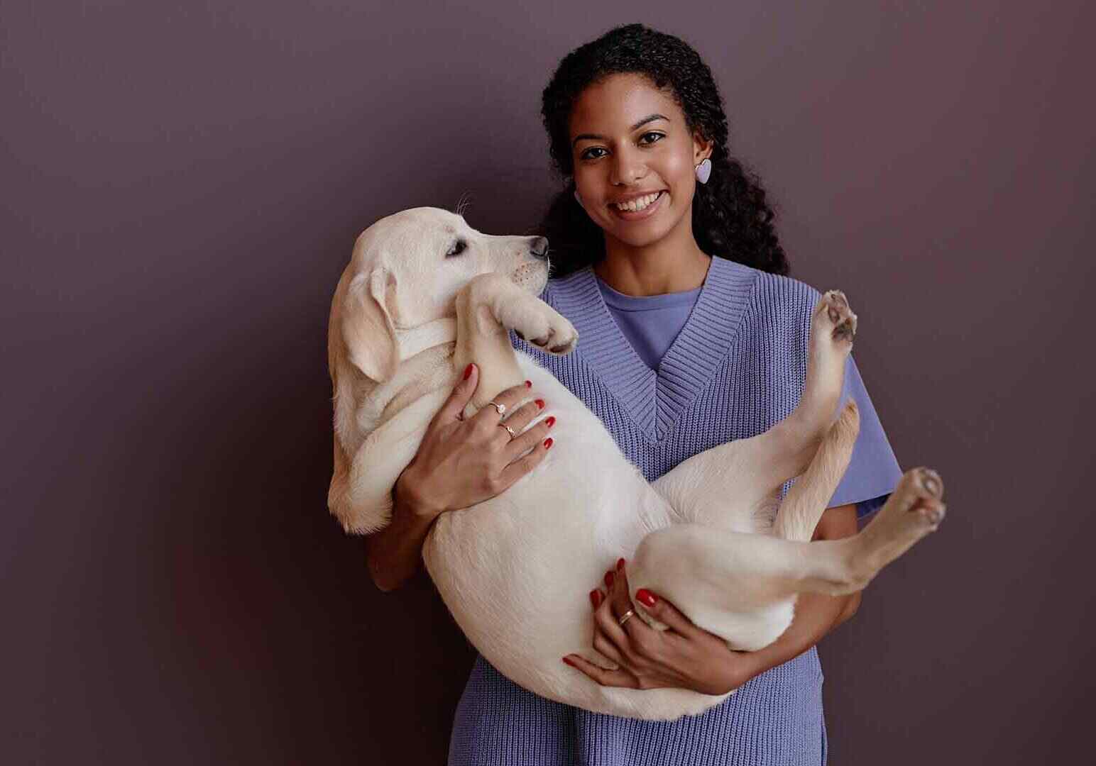 woman wearing a purple sweater holding a white dog