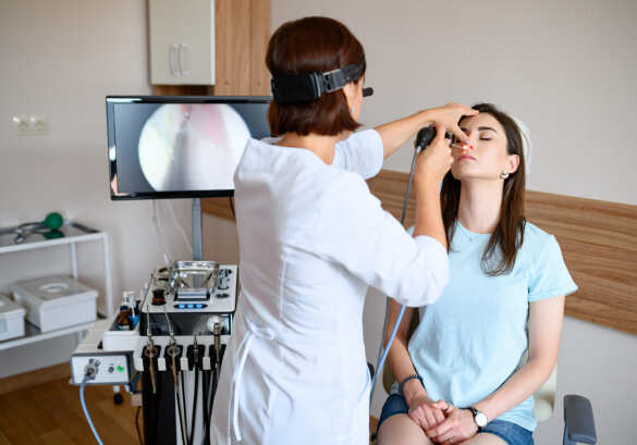 woman getting her nose looked at by a doctor