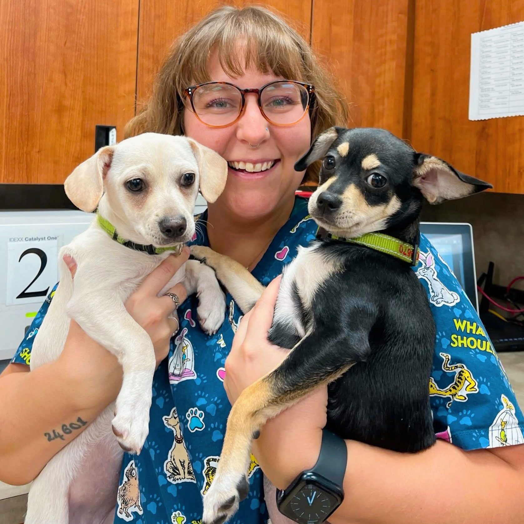 smiling female veterinary technician holding two puppies