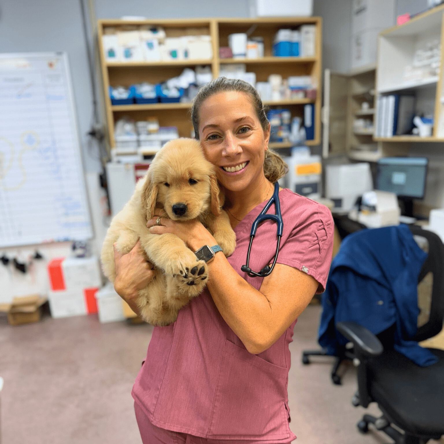 smiling woman holding golden retriever puppy